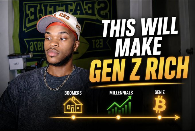 A young man in a New York Knicks cap sits in front of a "SAINTS" banner, with bold text reading "THIS WILL MAKE GEN Z RICH" alongside a generational timeline graphic showing Boomers (house icon), Millennials (rising chart), and Gen Z (Bitcoin symbol). The thumbnail visually reinforces the post's promise that a new video dropping tomorrow will reveal the financial opportunity set to benefit Gen Z.
