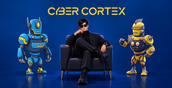Promotional image for 'CYBER CORTEX' showing a stylish young man in black sitting in a leather chair, flanked by two cartoonish robots (one blue, one yellow).