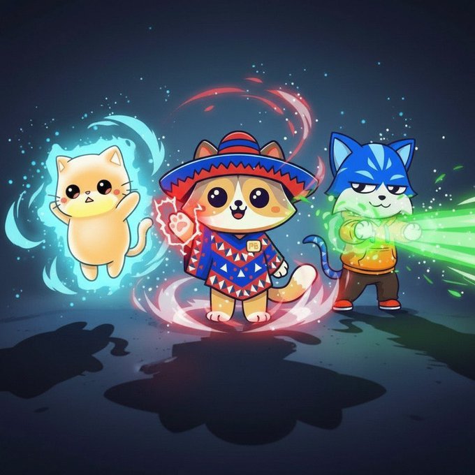 A cartoon illustration of three cute cat characters with magical auras—a white cat, a cat in a red sombrero and poncho, and a blue ninja cat.