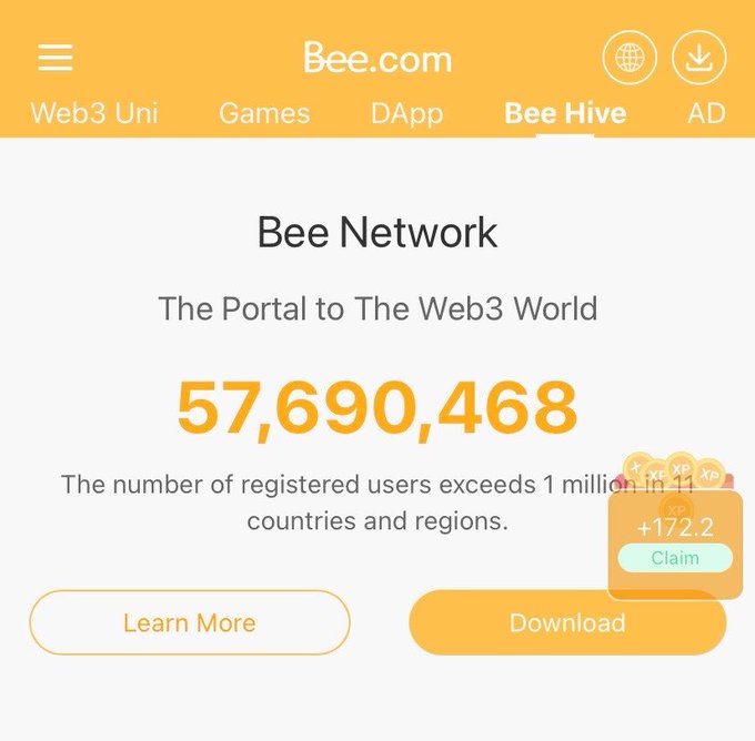 The image shows a Bee.com webpage highlighting the "Bee Network - The Portal to The Web3 World" with 57,690,468 registered users and a floating "+172.2 Claim" reward widget. This visually reinforces the post's emphasis on Bee Honey's organic growth of 57 million+ users and real USDT earnings, despite the absence of exchange listings.