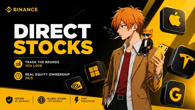 A Binance promotional graphic for "Direct Stocks" featuring an anime-style character in a tan jacket holding a phone, surrounded by app icons for Apple, Tesla, Microsoft, NVIDIA, and Google (G). The ad highlights features like "Trade the Brands You Love," "Real Equity Ownership 24/5," and "Secure by Binance," illustrating Binance's new service that lets users easily access major US stocks like AAPL and TSLA—addressing the difficulty Pakistanis face opening overseas brokerage accounts.
