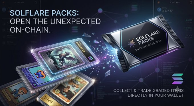 Promotional graphic for 'SOLFLARE PACKS: OPEN THE UNEXPECTED ON-CHAIN,' featuring a black pack and holographic digital trading cards with the text 'COLLECT & TRADE GRADED ITEMS DIRECTLY IN YOUR WALLET.'
