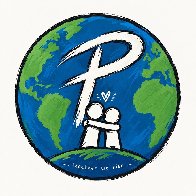 An illustration of Earth (globe) with two simple stick figures embracing on top, a large stylized white 'P' logo overhead, and the text '— together we rise —' at the bottom.