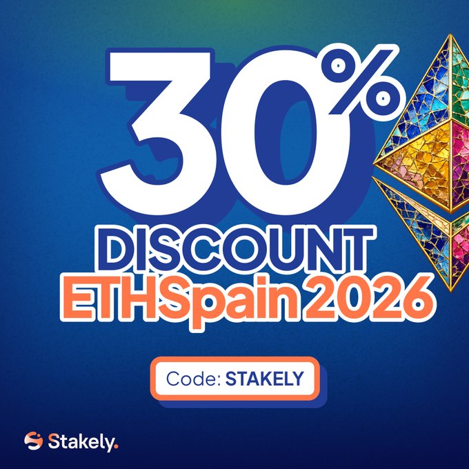 A promotional graphic advertising '30% DISCOUNT ETHSpain 2026' with a colorful Ethereum diamond logo, featuring the promo code 'STAKELY' from the company Stakely.