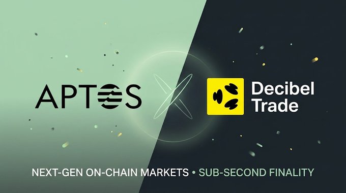 A promotional graphic split between a green side with the 'APTOS' logo and a black side with the 'Decibel Trade' logo, featuring the text 'NEXT-GEN ON-CHAIN MARKETS • SUB-SECOND FINALITY'.