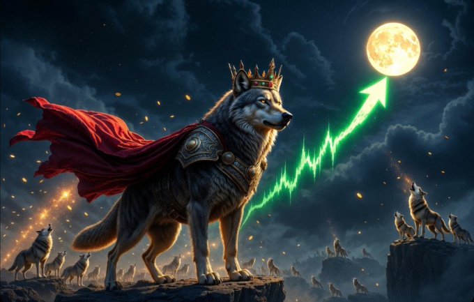 A regal wolf wearing a golden crown and a flowing red cape stands atop a rocky cliff under a full moon, as a glowing green upward arrow shoots toward the sky, surrounded by a pack of howling wolves.
