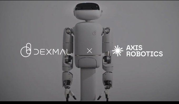 A promotional image for a partnership between Dexmal and Axis Robotics, featuring a humanoid robot in the background.