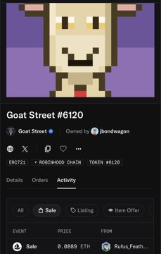 An NFT listing shows a pixel-art goat character titled 'Goat Street #6120' on Robinhood Chain (ERC721), token #6120, with a current sale price of 0.0889 ETH.