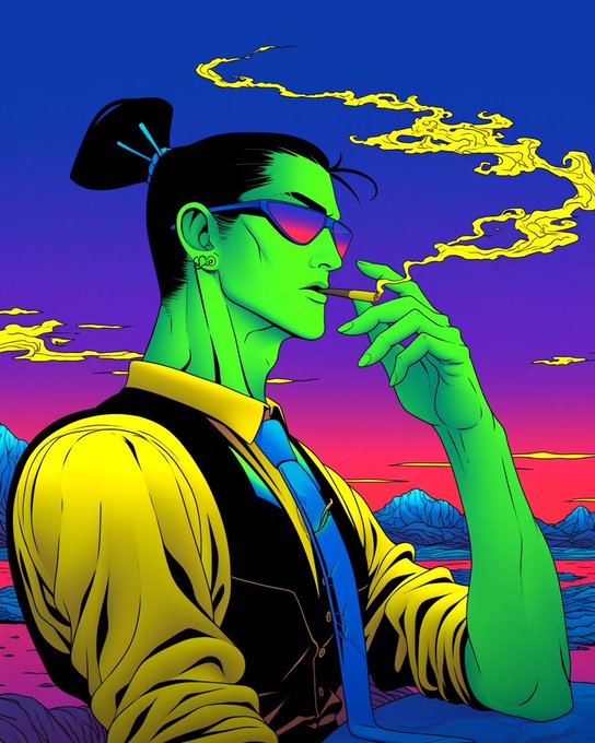 A vibrant, stylized digital illustration of a green-skinned person with sunglasses smoking a cigarette, with yellow smoke trailing against a sunset-colored sky.