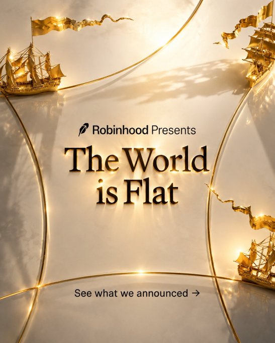 A promotional image for Robinhood titled "The World is Flat," featuring ornate golden sailing ships positioned at the corners of a flat plane with the tagline "See what we announced →" at the bottom. The post appears to use this image ironically to discuss crypto risks and transparency, contrasting Robinhood's market presence with the need for genuine user awareness of digital asset volatility.