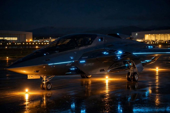 A futuristic stealth aircraft with blue accent lighting sits on a wet tarmac at night, with 'AETHERLY' visible on its side.