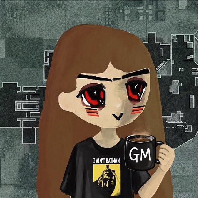 A digital illustration of a brown-haired anime-style girl with red eyes wearing a 'I AIN'T BATMAN' shirt, holding a black mug that reads 'GM'.