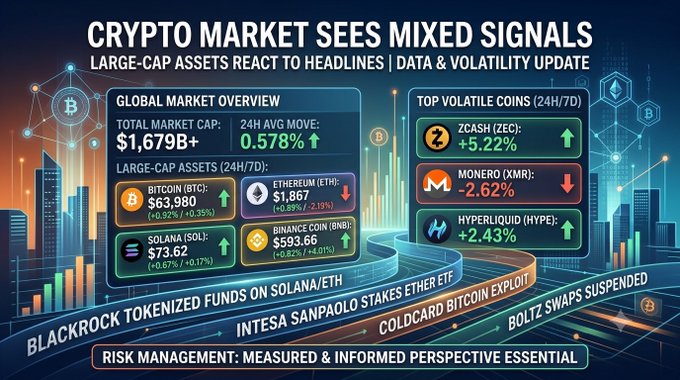An infographic titled 'CRYPTO MARKET SEES MIXED SIGNALS' shows market data including Bitcoin (BTC) at $63,980, Ethereum (ETH) at $1,867, Solana (SOL) at $73.62, and Binance Coin (BNB) at $593.66, with headline tickers about BlackRock tokenized funds, Intesa Sanpaolo, Coldcard Bitcoin Exploit, and BoltX Swaps.
