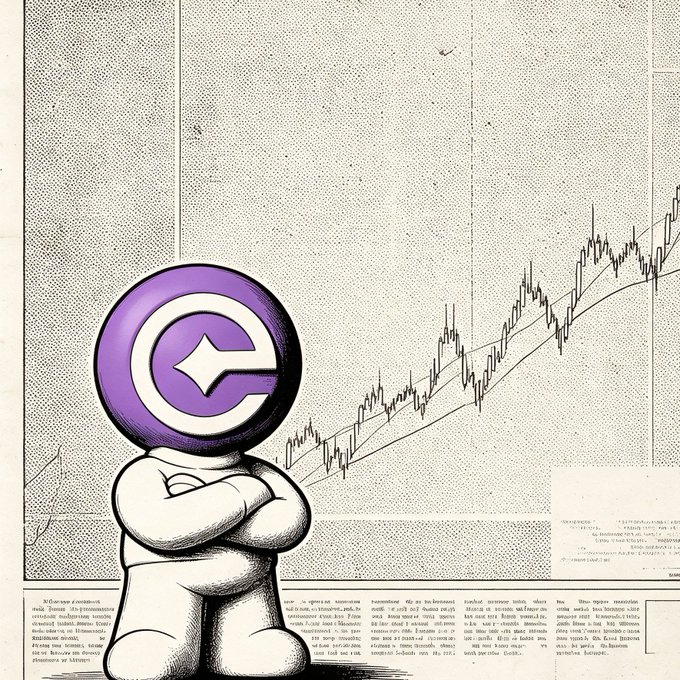 A stylized illustration of a white humanoid figure with a purple coin logo for a head standing with crossed arms in front of a vintage financial line chart.
