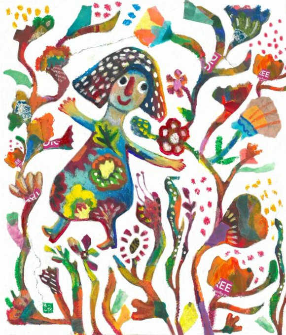 A whimsical, colorful illustration shows a joyful child with a polka-dotted bonnet reaching toward vibrant flowers and trees, with the signature "JEE" visible on several floral elements—likely the artwork "The Child Inside Me" by artist Jee (mrbretjolliffe) that the post thanks a collector for acquiring.
