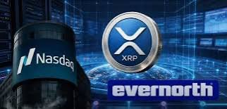 A graphic showing the Nasdaq logo, an XRP coin, and the text 'evernorth' against a blue digital background.