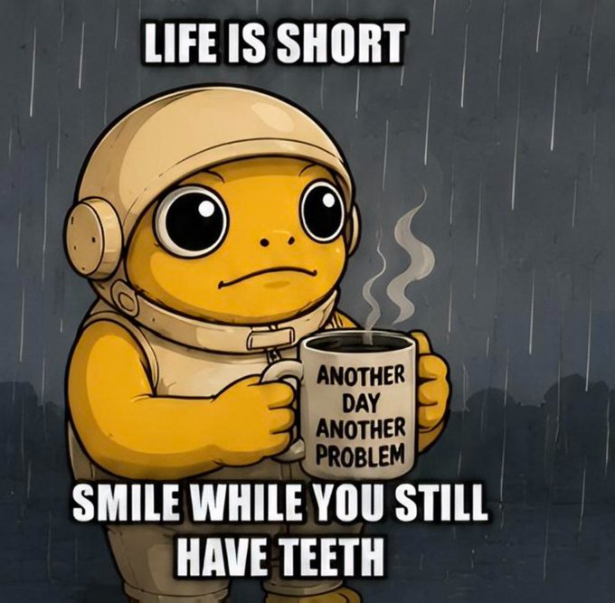 A meme features a yellow cartoon character in an astronaut helmet holding a coffee mug that reads 'ANOTHER DAY ANOTHER PROBLEM,' with the captions 'LIFE IS SHORT' and 'SMILE WHILE YOU STILL HAVE TEETH.'