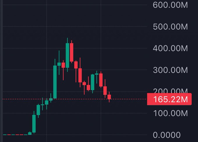 A candlestick price chart shows ANSEM dropping to a market cap of **165.22M**, highlighted with a red dashed line on the y-axis. The chart illustrates a sharp rally to a peak above 400M followed by a steady decline back to the marked 165.22M level, visualizing the price pullback referenced in the post about holders who vowed to buy at lower levels but now view it as a "blood bath."