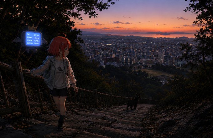 The image features a girl with red hair standing at the top of a set of stairs, looking out over a cityscape. The sky above them has an orange hue, suggesting either sunrise or sunset. A dog can be seen nearby, possibly accompanying her on this adventure. In the background, there is a sign that reads "stepnair" and another sign with the number "3". This suggests that they are in a location where people often take pictures to capture memories of their travels. The girl appears to be wearing a backpack, which might contain some essentials for their journey or simply serve as a fashion statement.