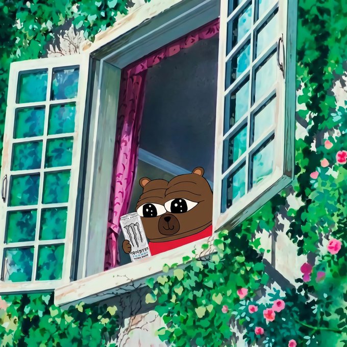 An illustrated brown bear-like character reading a paper while leaning out of an ivy-covered window.