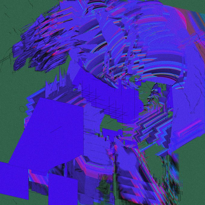 An abstract digital artwork featuring glitchy, distorted shapes in shades of blue, purple, pink, and green.