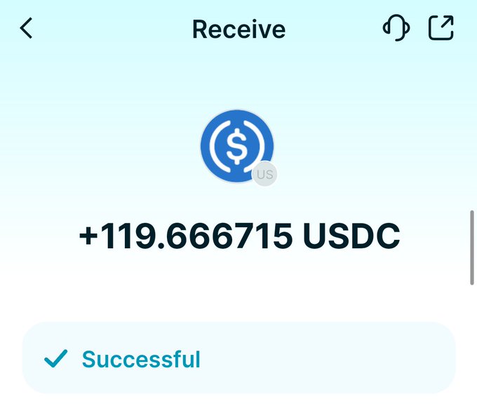 A mobile app screen displays a successful crypto transaction showing '+119.666715 USDC' received with a blue USDC coin icon.