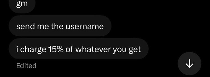 A screenshot of a DM conversation showing messages that read "send me the username" and "i charge 15% of whatever you get," illustrating the alleged referral scheme referenced in the post criticizing MetaWin for using KOLs who take cuts from winnings.