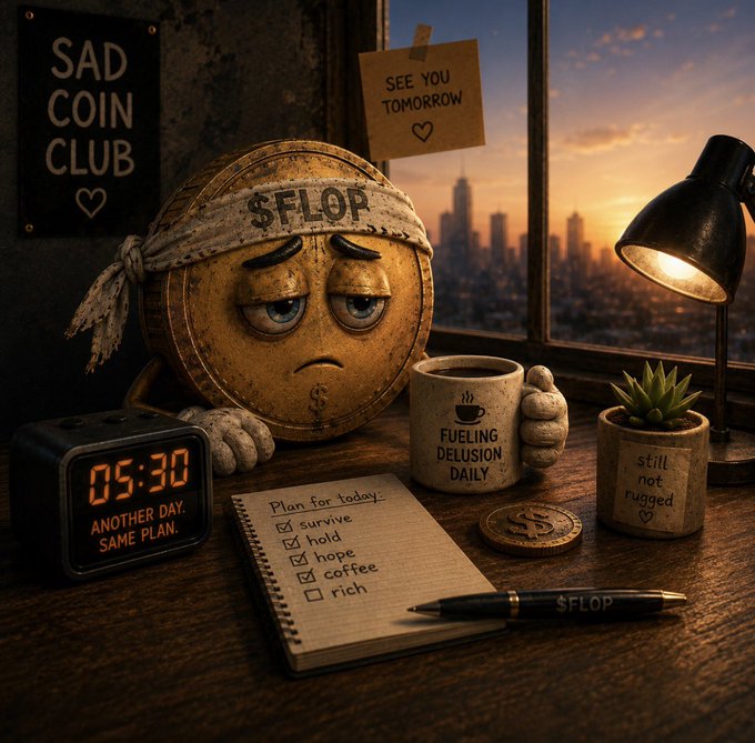 A moody digital illustration of a sad coin character wearing a "$FLOP" headband sitting at a desk with a digital clock reading "05:30 ANOTHER DAY. SAME PLAN.", a "FUEELING DELUSION DAILY" mug, and a checklist notebook.
