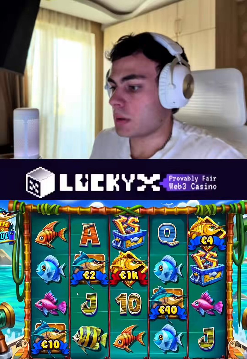 The image features a man wearing headphones sitting at a slot machine with a fish theme, possibly a fishy slot machine game. The man appears to be playing the game or taking a break from it while wearing his headphones. In front of him is an advertisement for a casino offering a 50-dollar giveaway for anyone who likes and RTs the post on social media using the provided hashtag.