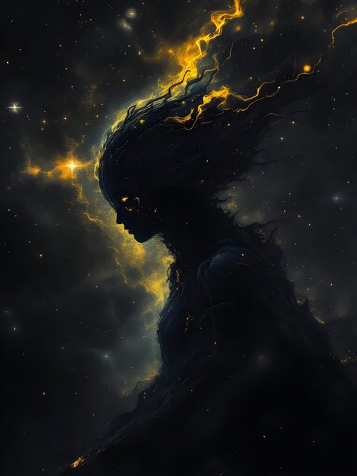 A dark, artistic illustration depicting a silhouetted figure in profile with glowing golden, nebula-like energy emanating from its head against a starry background.