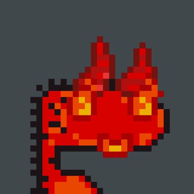 A pixel art image of a red dragon or demon head with yellow eyes and horns against a dark gray background.
