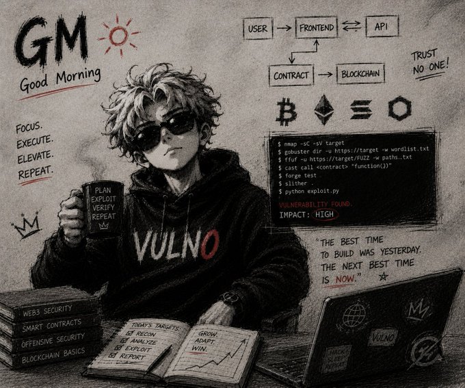 A black-and-white sketch-style illustration of a person in a 'VULNO' hoodie wearing sunglasses and holding a mug, surrounded by text including 'GM Good Morning', 'VULNERABILITY FOUND', and various technical terms like 'WEB3 SECURITY' and 'SMART CONTRACTS'.