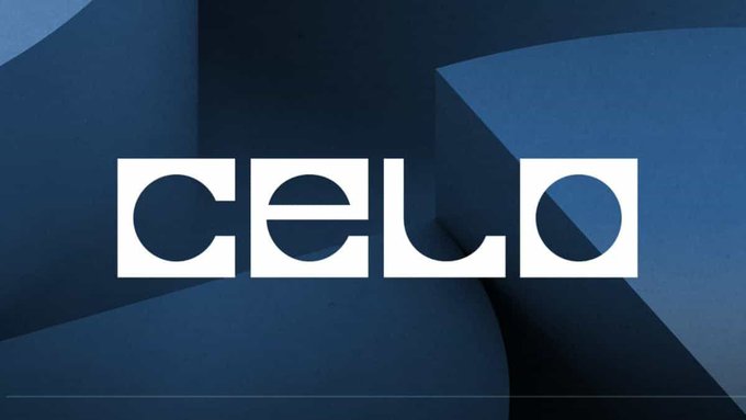 The word 'CELO' displayed in a bold, stylized white font against a layered, geometric dark blue background.