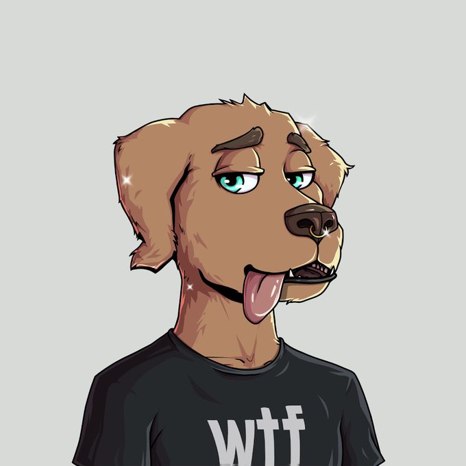 Digital illustration of a brown dog character with green eyes and its tongue out, wearing a black t-shirt with 'WTF' printed in white, set against a gray background.