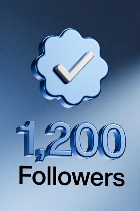Blue 3D-rendered graphic showing a verified checkmark badge with the text '1,200 Followers'.
