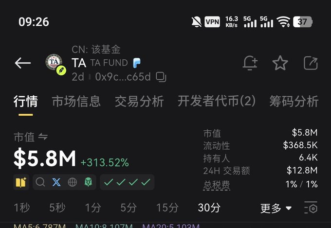 A cryptocurrency tracking app showing the TA token with a market cap of $5.8M (+313.52%), 24H trading volume of $12.8M, and 6.4K holders, displaying a 30-minute price chart.
