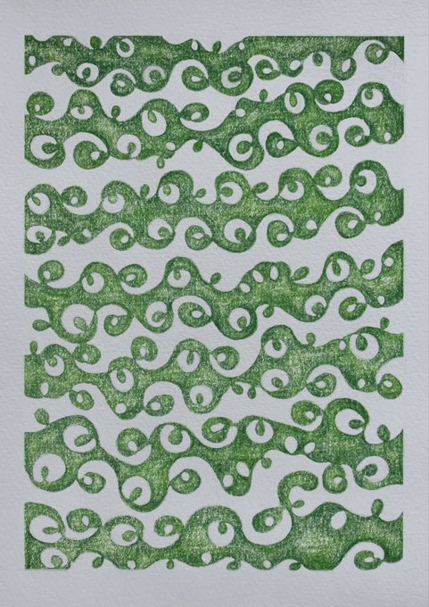 A hand-drawn green ink illustration featuring abstract, repeating wave and swirl patterns on textured white paper.