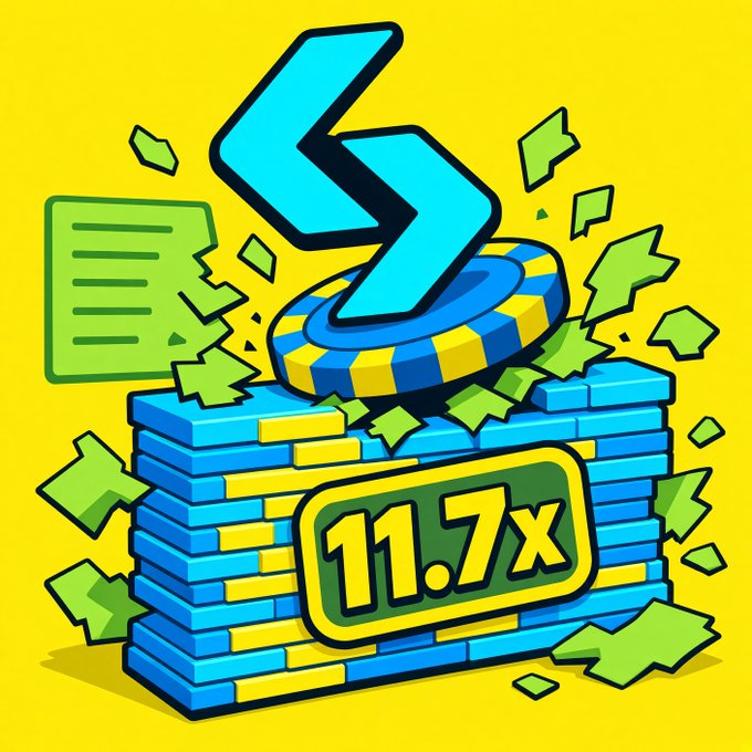 A cartoon illustration featuring a stack of blue and yellow currency bundles with a '11.7x' label, green money flying around, and a large blue 'S' logo emerging from a token at the top against a yellow background.