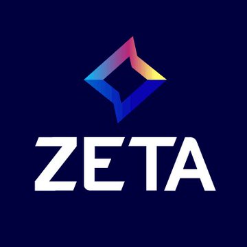 The image displays the Zeta logo, featuring a colorful geometric diamond-shaped icon above the bold white "ZETA" text on a dark navy background. This branding relates to the post highlighting $ZETA as a stock poised for another rally toward $25.