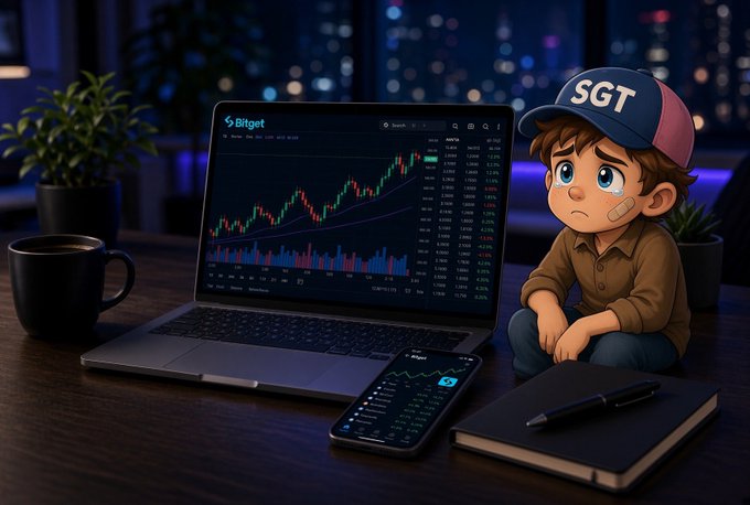 A cartoon character wearing an "SGT" cap sits worriedly beside a laptop displaying the Bitget platform with candlestick charts, alongside a coffee mug, smartphone, and notebook in a moody nighttime setting. The image visually represents the poster's experience starting their crypto journey in late 2024, beginning small with futures and spot trading on Bitget after being advised to start modestly.