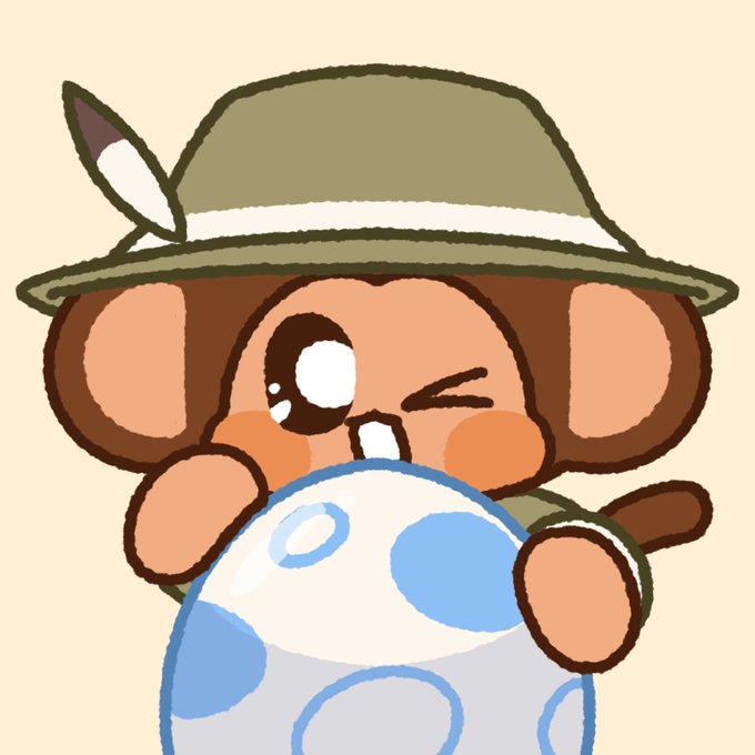An illustration of a cartoonish brown creature wearing a safari hat and holding a blue and white swirled ball.