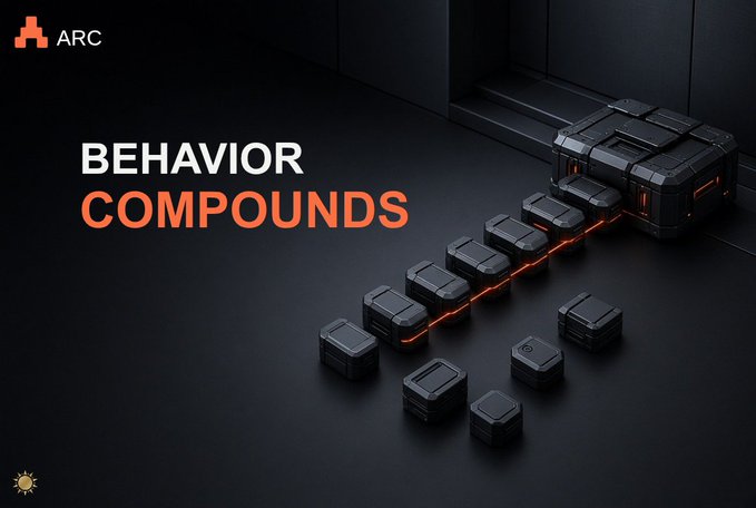 A dark-themed advertisement for 'ARC' with the text 'BEHAVIOR COMPOUNDS' next to a 3D rendering of interconnected black blocks.