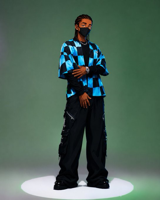 A person wearing a black mask, a blue and black checkered shirt, and black cargo pants standing on a circular platform against a green background.