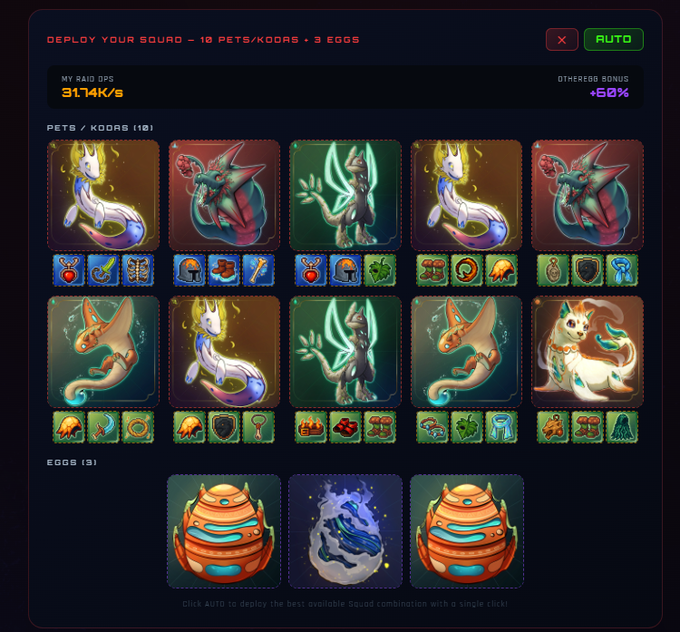 A video game interface showing a squad deployment screen with 'DEPLOY YOUR SQUAD - 10 PETS/XOORS + 3 EGGS', 'MY RAID DPS 31.74K/s', and various colorful creature and egg icons.