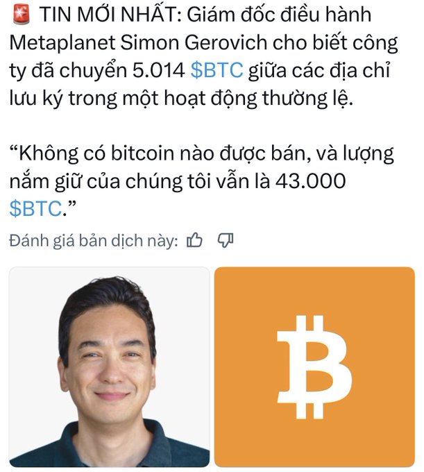 A Vietnamese-language news article about Metaplanet CEO Simon Gerovich announcing the transfer of 5,014 BTC between cold storage addresses, with the company holding 43,000 BTC.