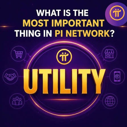 A promotional graphic with the Pi Network logo asking 'WHAT IS THE MOST IMPORTANT THING IN PI NETWORK?' with the word 'UTILITY' prominently displayed in large yellow letters.