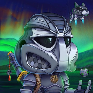 A chibi-style illustration of an astronaut character with a metallic helmet standing on an alien planet with green aurora skies and a small spaceship in the background.