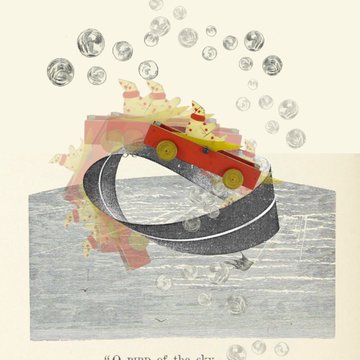 A mixed-media collage featuring a red toy car on a curved track, surrounded by transparent spheres and a textured silver base.