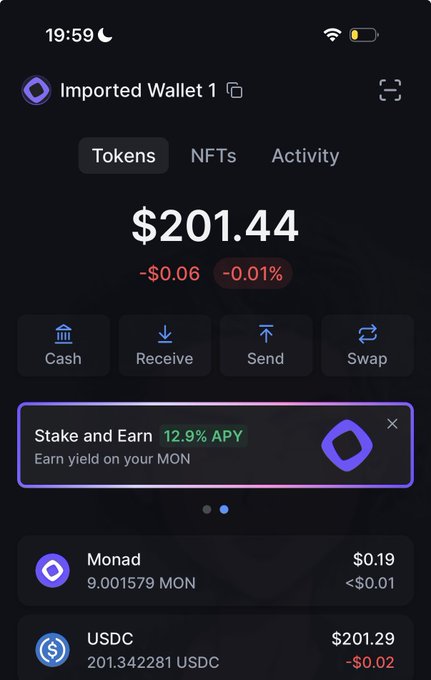 A screenshot of a Backpack wallet named "Imported Wallet 1" displaying a balance of $201.44, holding 9.001579 MON ($0.19) and 201.342281 USDC ($201.29), illustrating the $200+ airdrop sent to Backpack mentioned in the post.