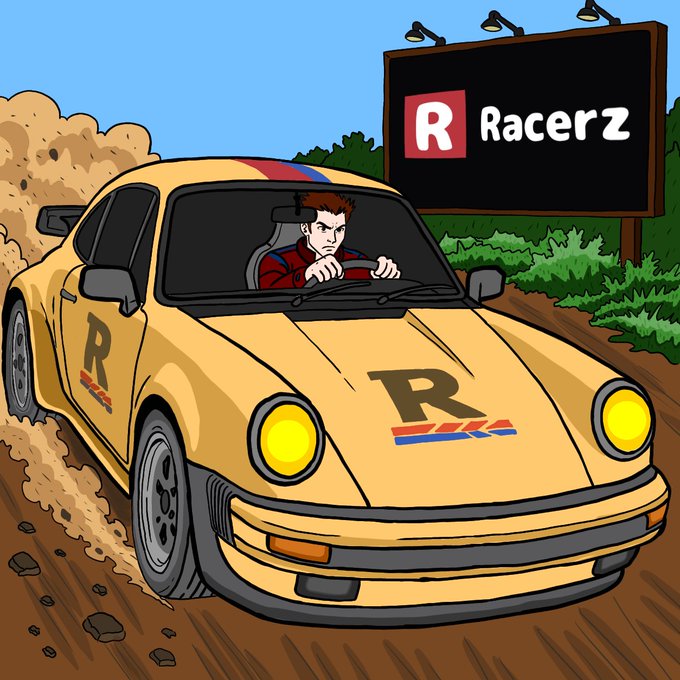 The image features a yellow car with red, blue, and white accents driving down a dirt road surrounded by trees. The car has a person sitting behind the wheel, possibly a racer or driver. In the background, there's a billboard for "Racerz" that reads "here is my submission for the art contest". The post also mentions an online community called "@Michelangel_art", which could be related to racing or automotive interests.